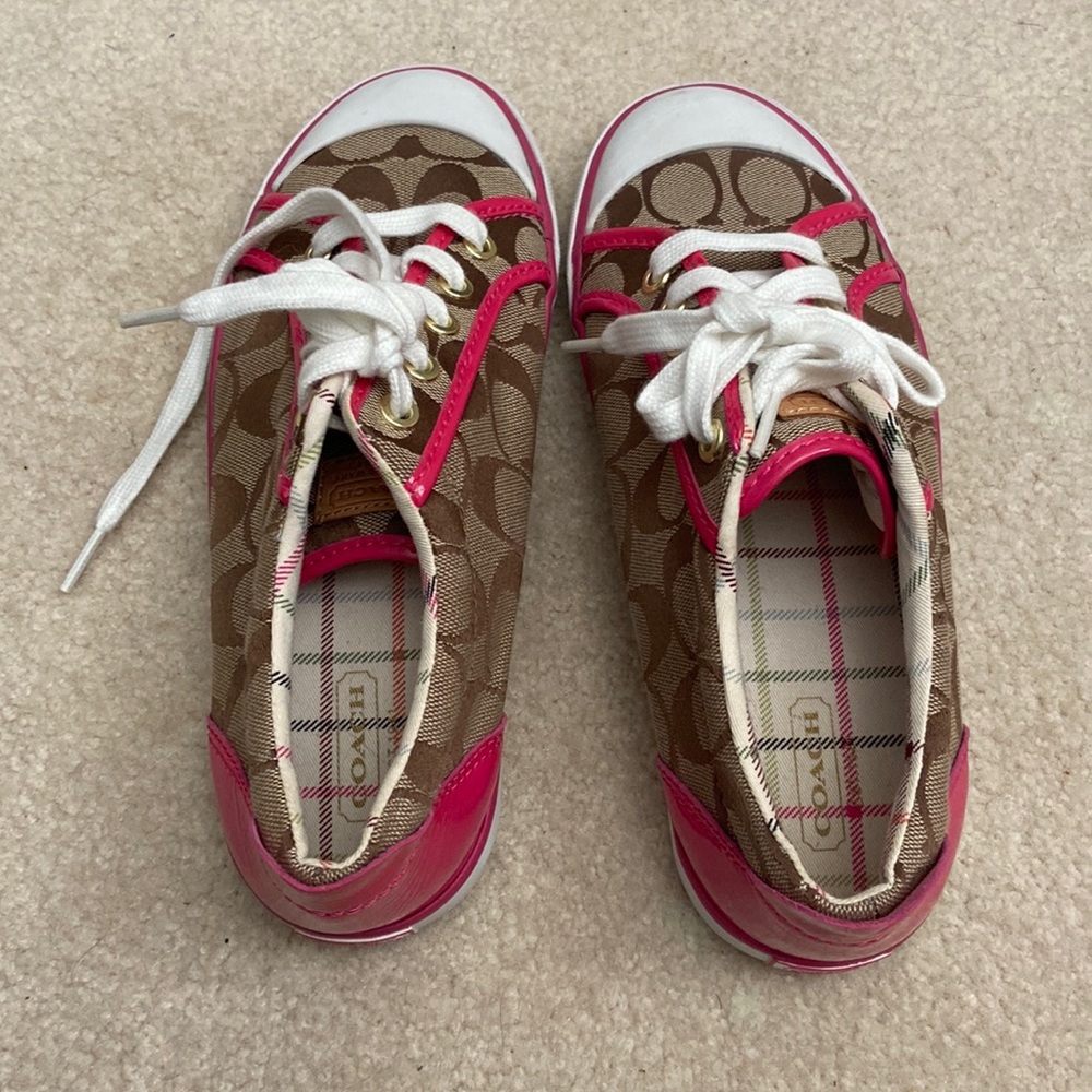 Coach Barrett Sneaker 👟 Signature Jacquard Fabric Brown, White & Pink Size 7.5B